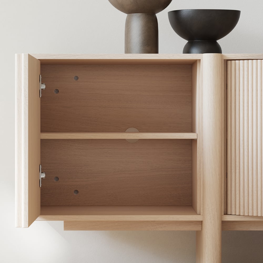 80" Solid Wood Fluted Whitewash TV Stand with Cabinets window image