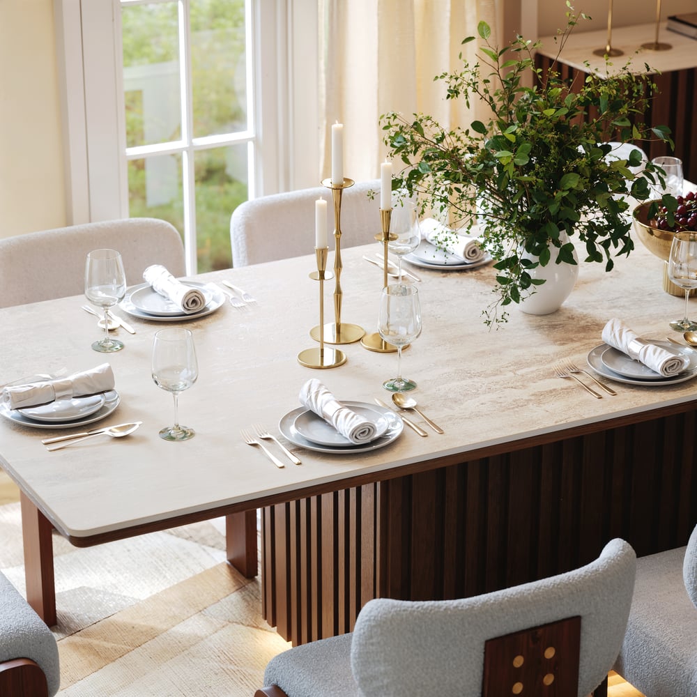 Dining Set 84" Rectangular Faux Travertine Sintered Stone Dining Table with 6 Chairs window image