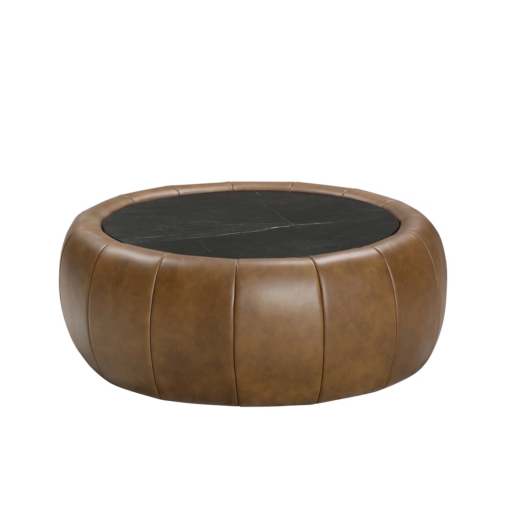 Modern 39" Round Performance Leather Ottoman Coffee Table with Hidden Storage window image
