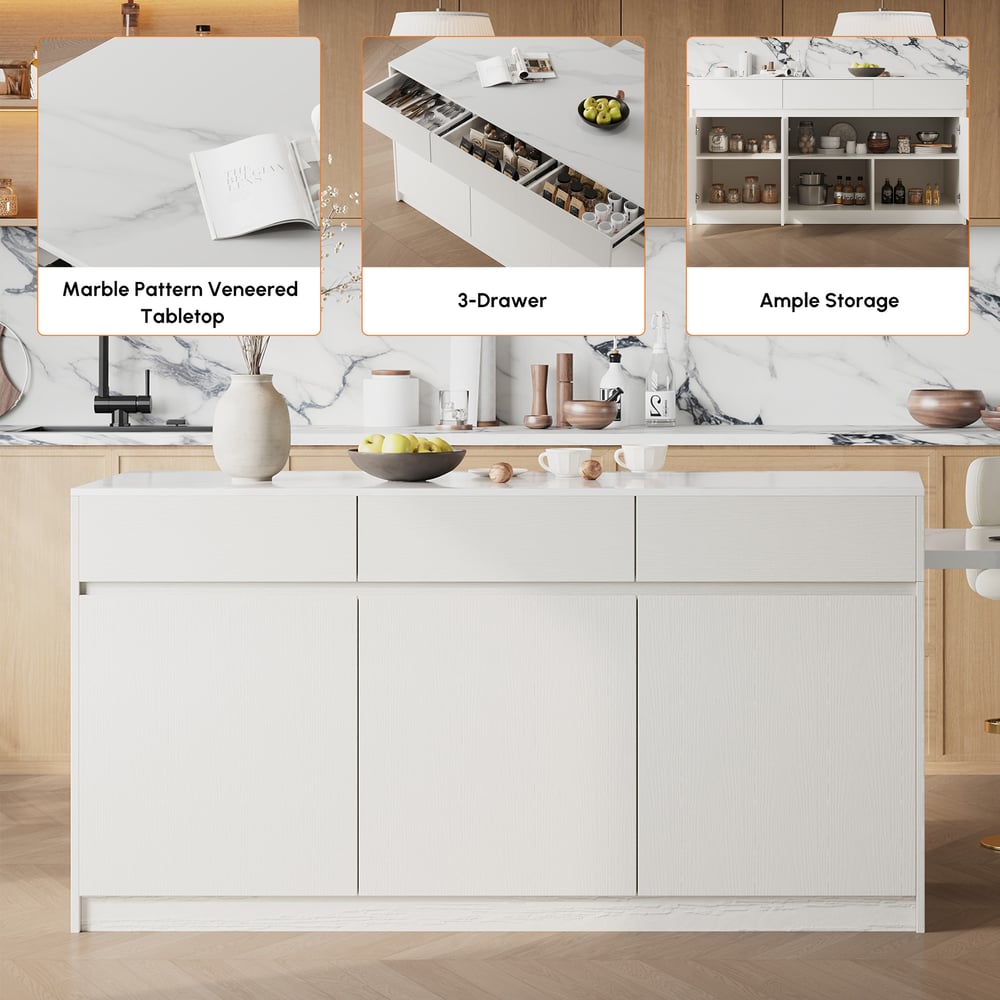 Modern 81"-106" Sintered Stone Kitchen Island with Drawers & Doors, White window image