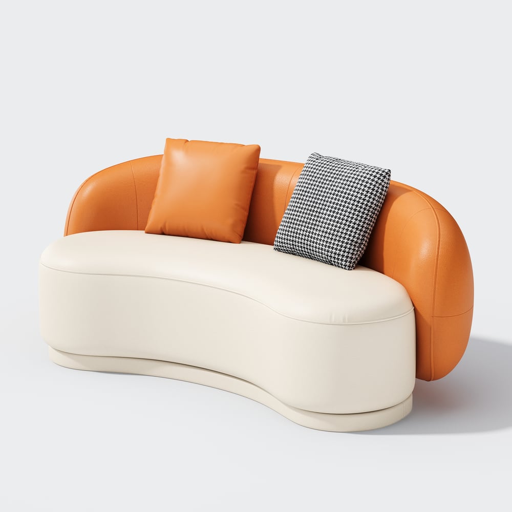 Divano curvo imbottito in pelle performance Suncurve da 69" con cuscini Immagine della finestra
