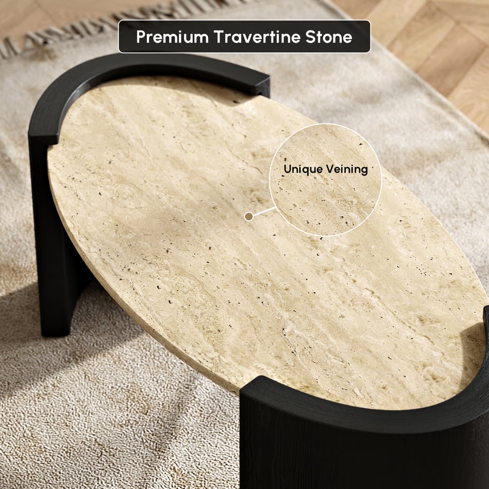 Table Basse de 43" en Pierre de Travertin Ovale Style Japandi image de fenêtre
