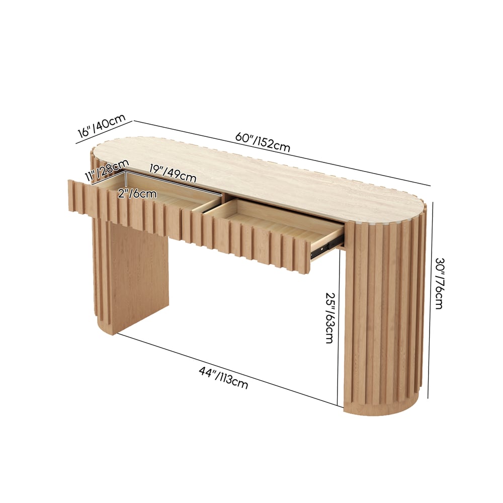 Aura 60" Ash Wood Fluted Natural Console Table With Sintered Stone Top weights dimensions image