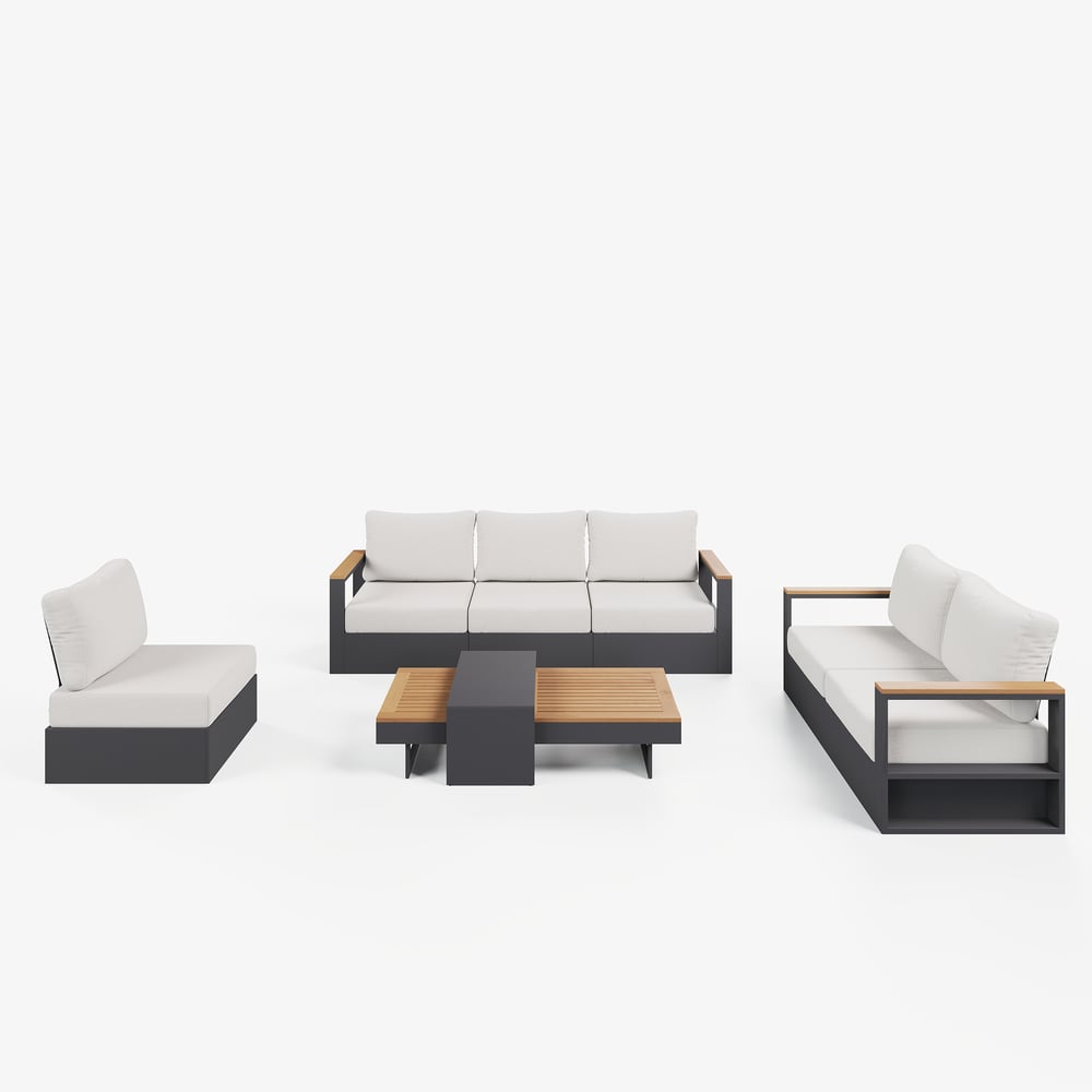 Tevara 6-Person Outdoor Sofa Set with Wood & Aluminum Frame, Dark Gray & Warm White window image