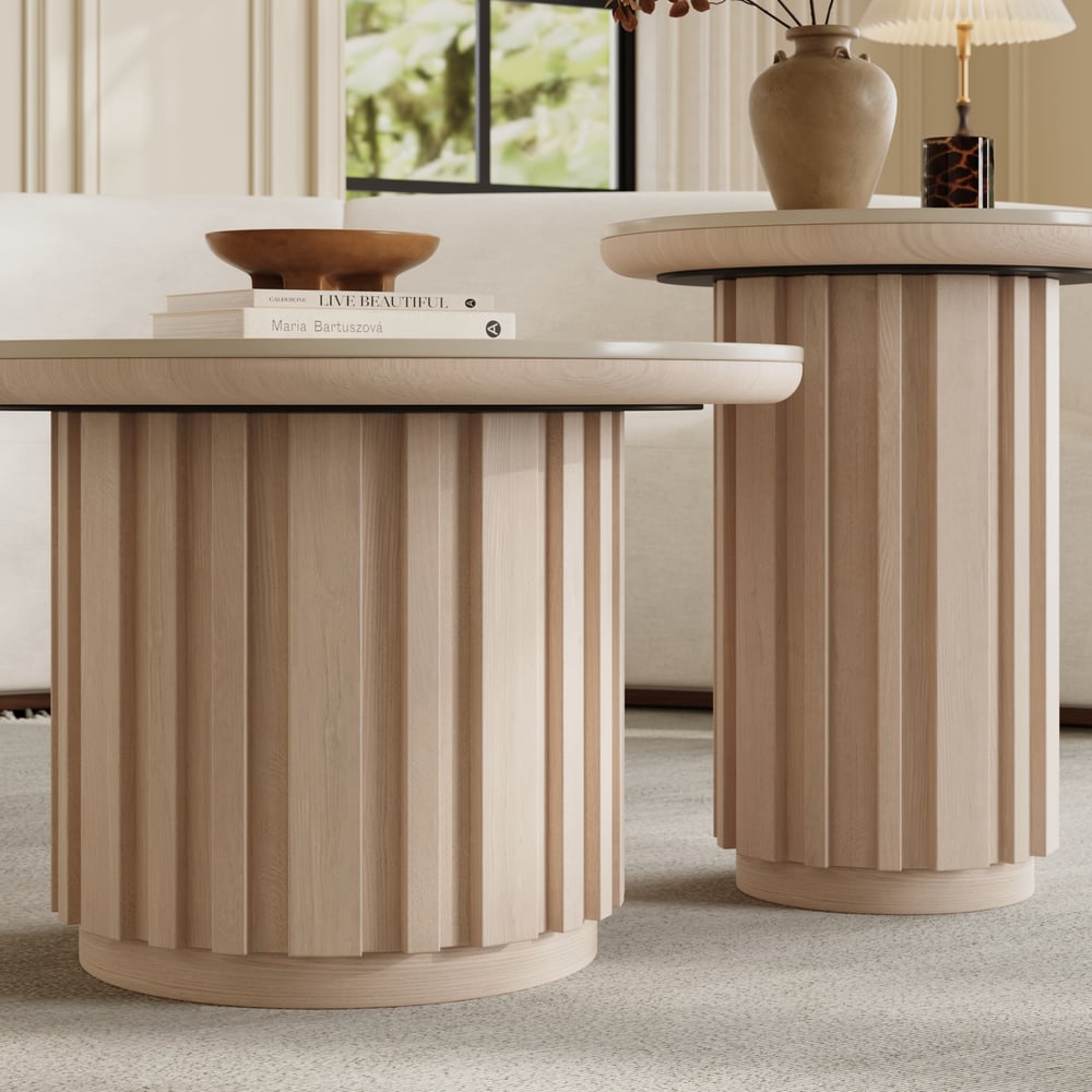 Aura 2 Piece Set Ash Wood Slatted  Round Coffee Table with Sintered Stone Top(20" - 28") window image