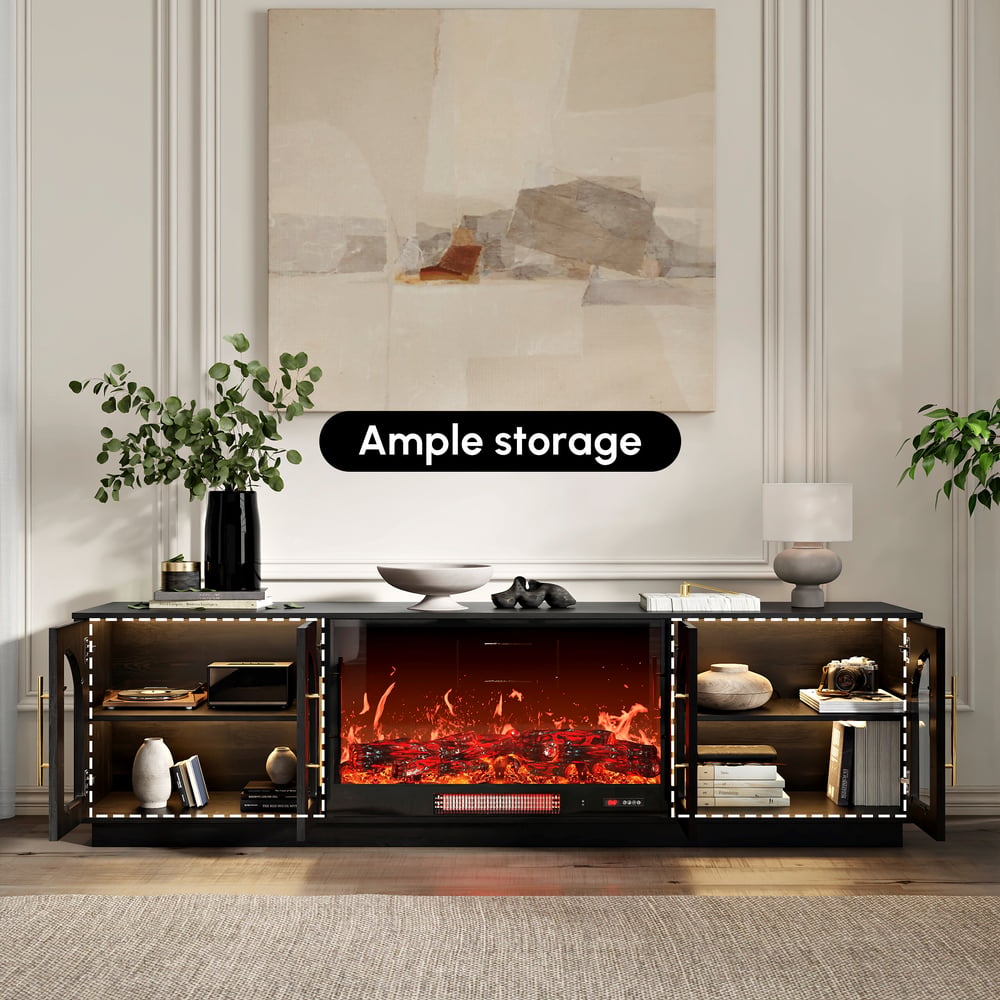Arune 80" Arched Glass Doors TV Stand with Electric Fireplace & Remote Control window image