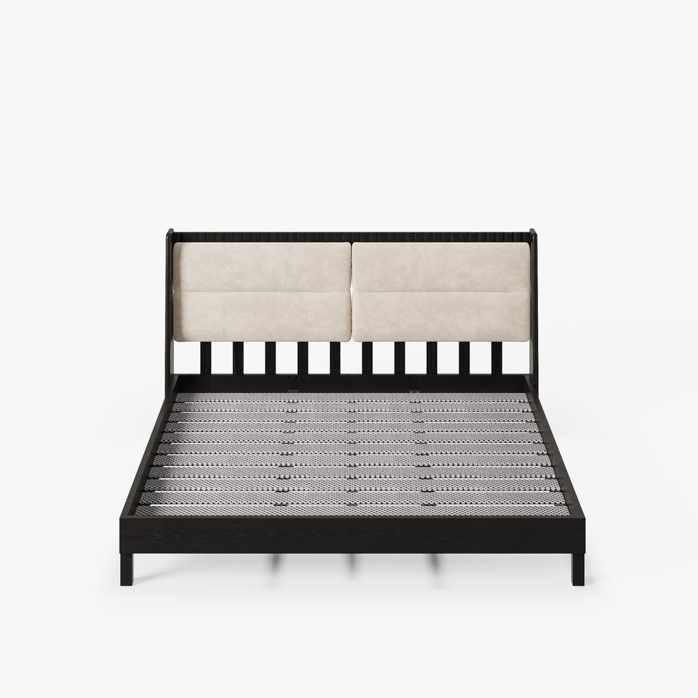 Cama moderna de madeira maciça com almofadas de cabeceira Boucle, 180 x 200 cm Imagem da janela