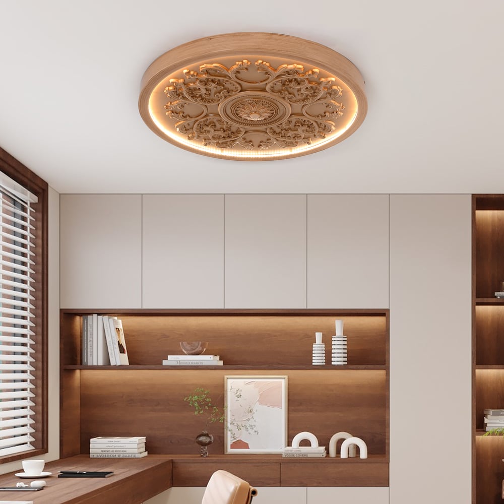 French Elegant Natural Resin 3D Carved LED Dimmable Flush Mount Ceiling Light window image
