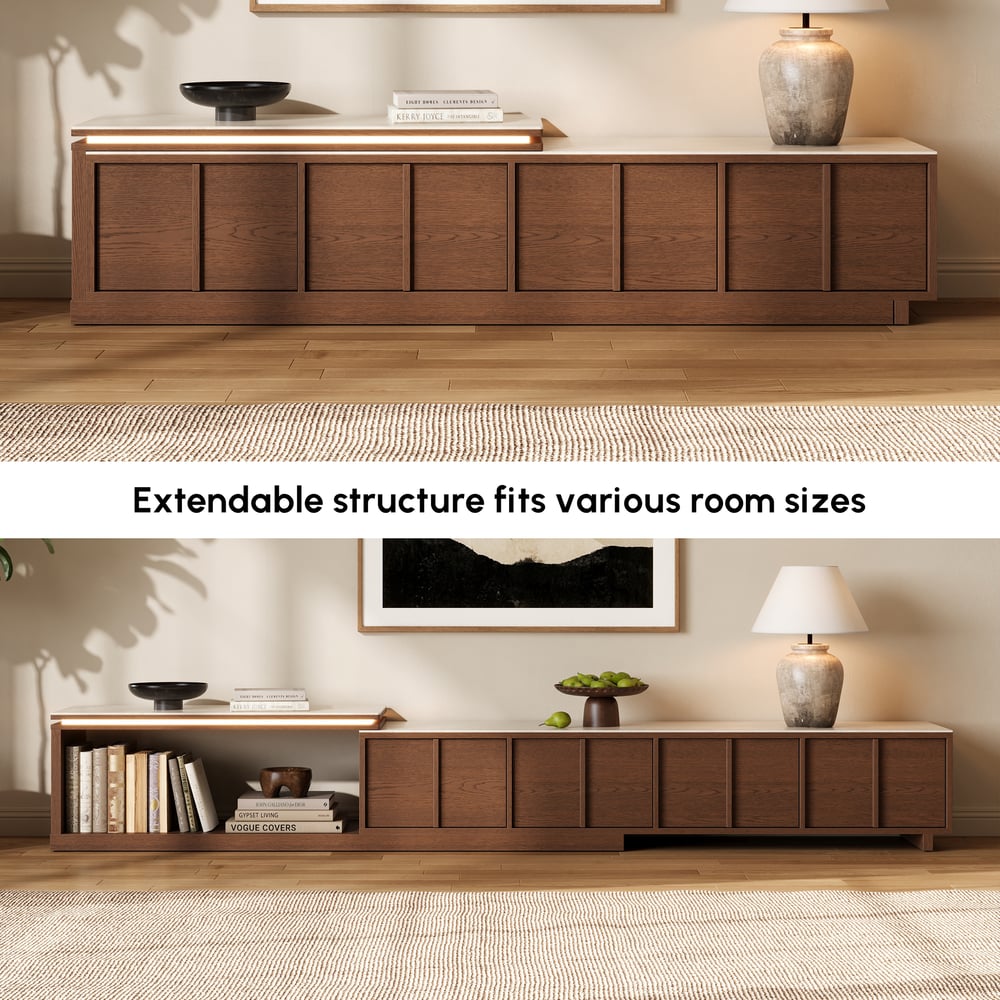 71"-108" Extendable Walnut TV Stand with Sintered Stone Top & Cabinets window image