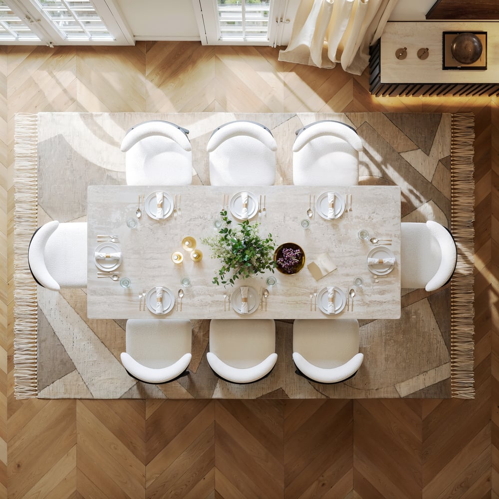 Aura 84" Rectangular Black Faux Travertine Sintered Stone Dining Table, Fluted Base, Seats 8 window image