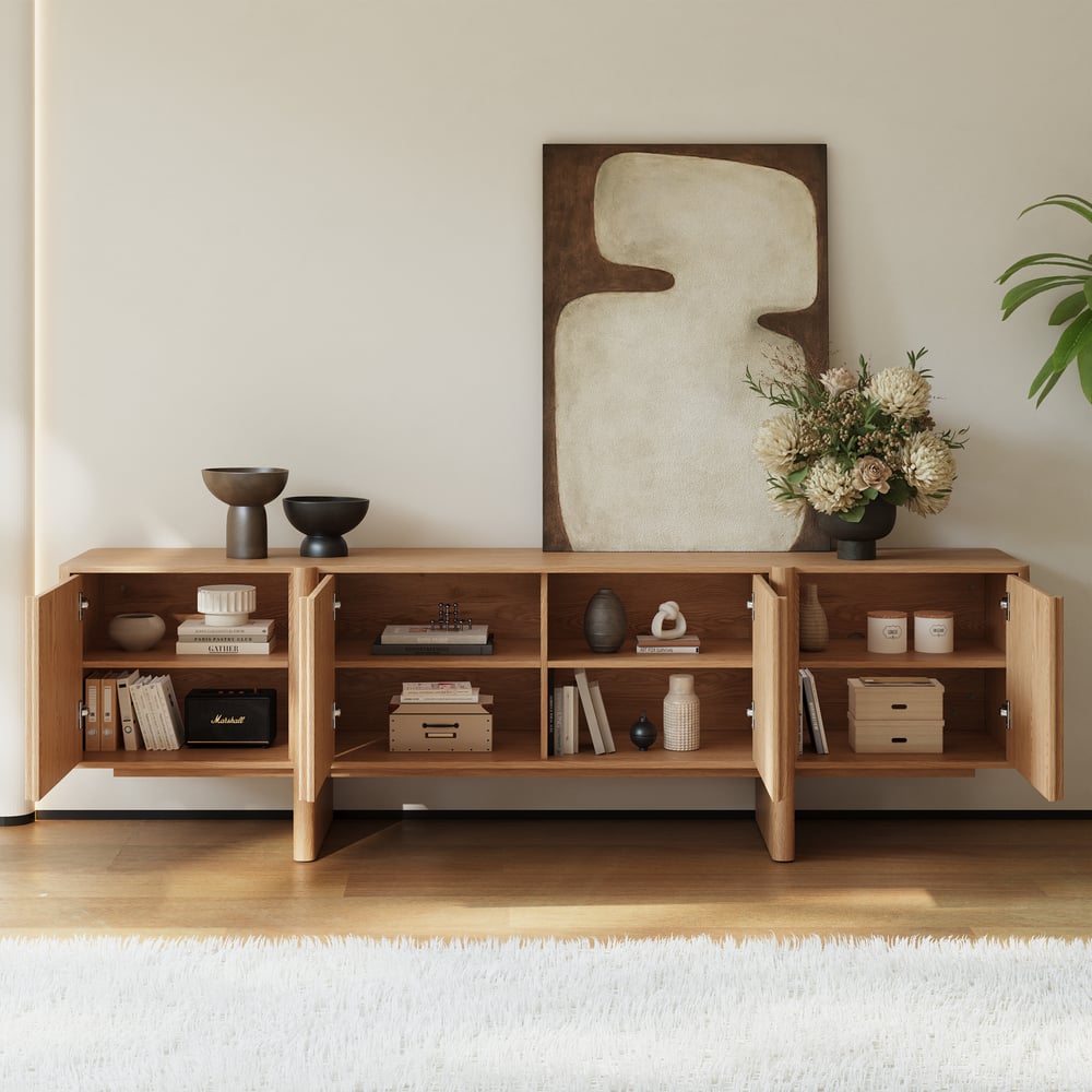 80" Solid Wood Fluted Natural TV Stand with Cabinets window image