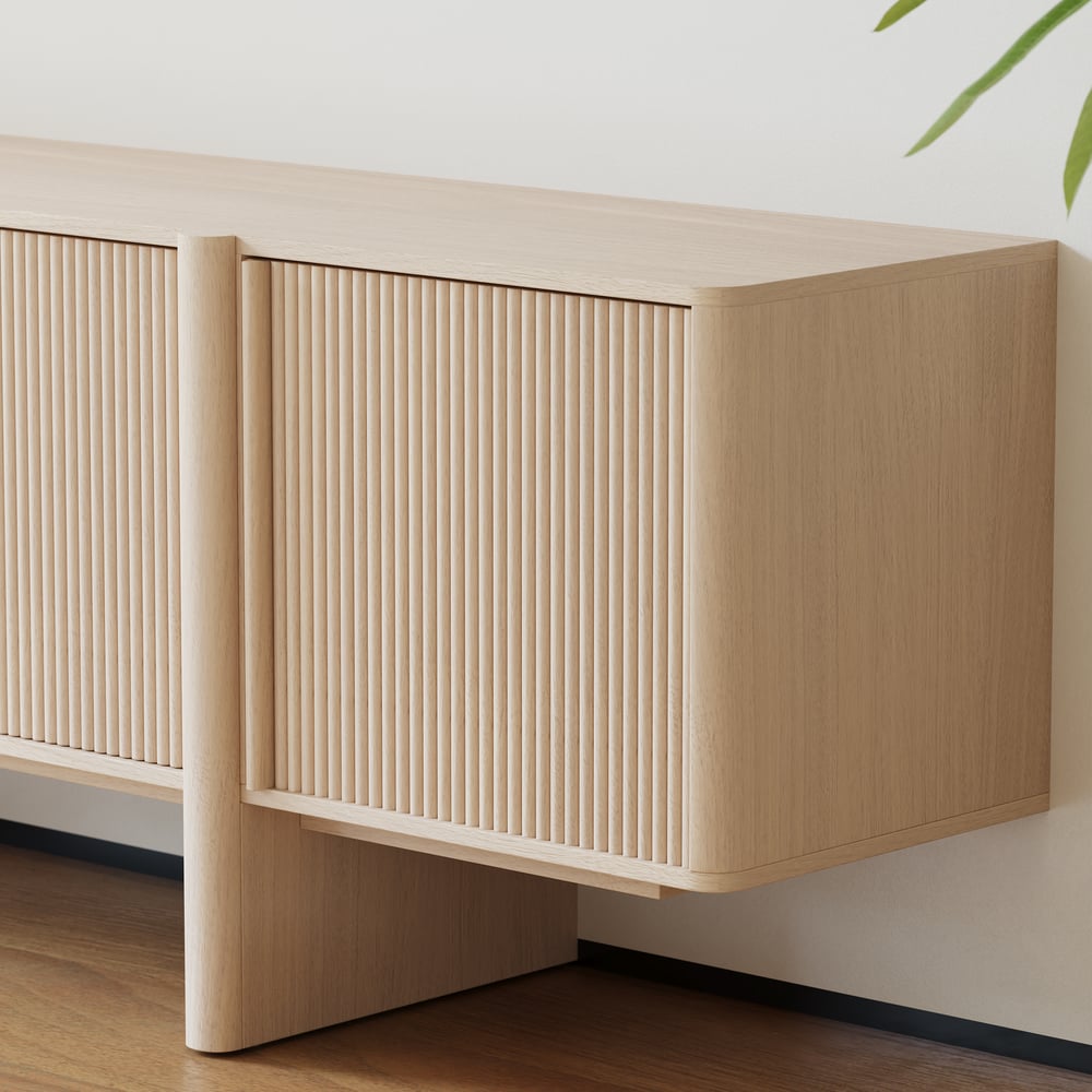 80" Solid Wood Fluted Whitewash TV Stand with Cabinets window image