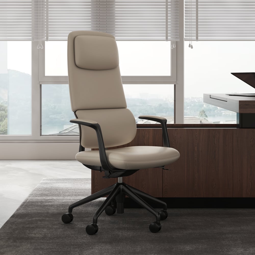 Ergonomic Grey Genuine Leather High Back Reclining Swivel Office Desk Chair window image