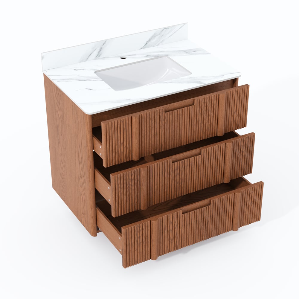 36" Fluted Single Bathroom Vanity with Sink and Sintered Stone Top window image