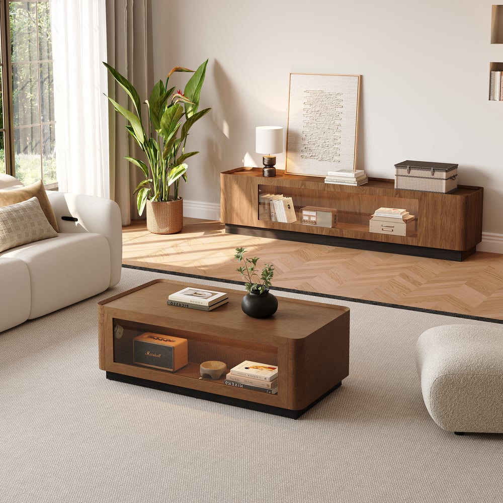 47" Glass Door Walnut Coffee Table with Storage and LED window image