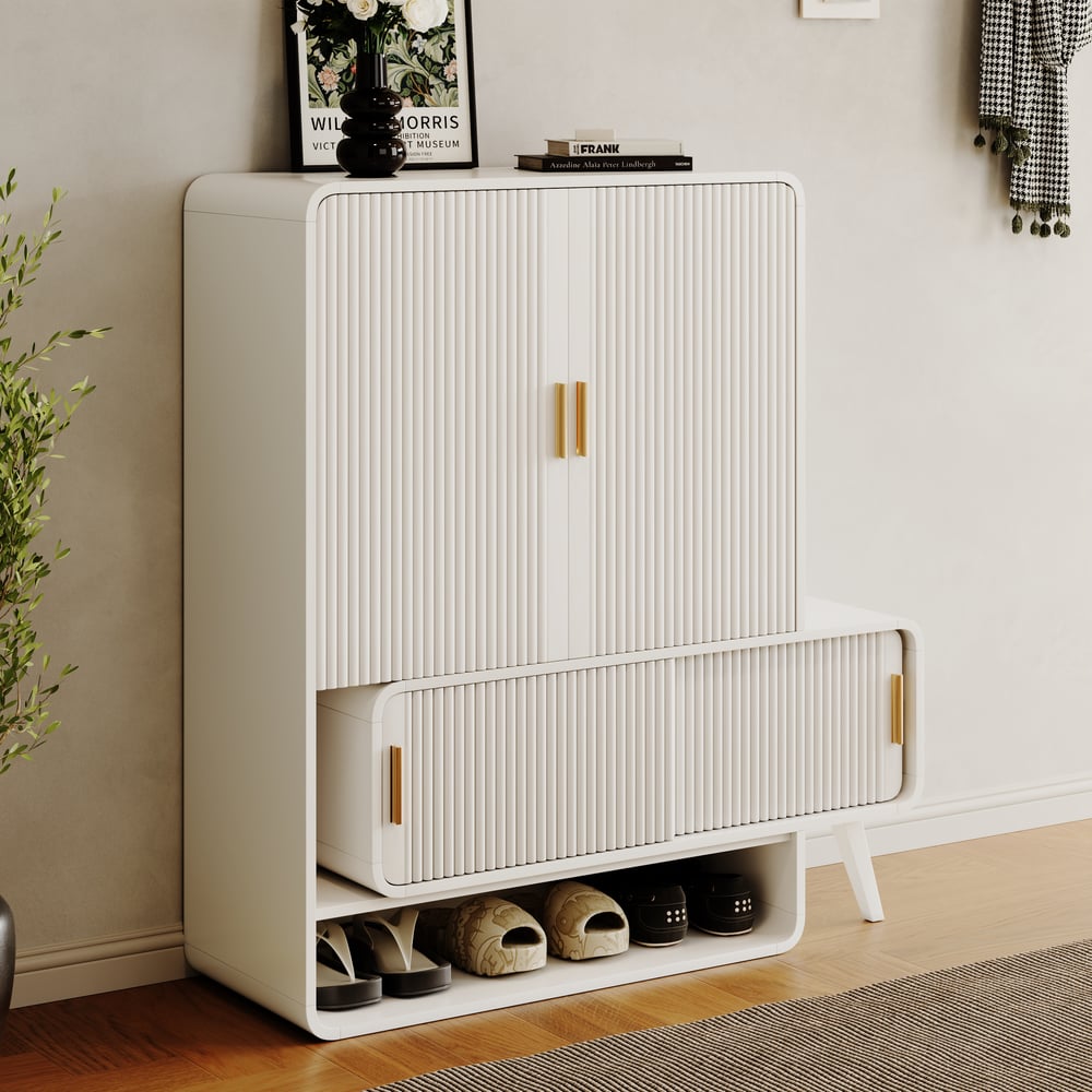 37" Warm White Shoe Storage Fluted Entryway Cabinet, Right Hand window image