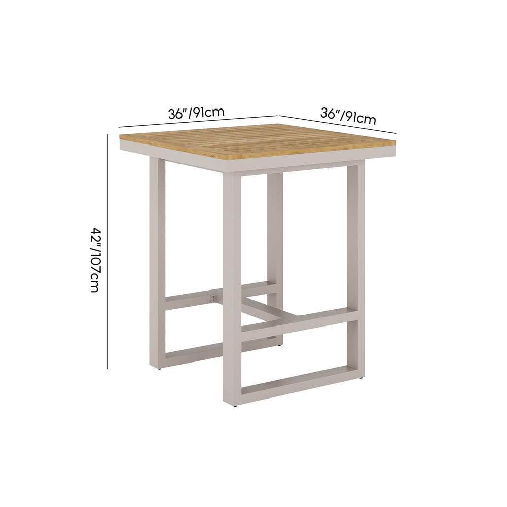 Tevara Outdoor Square Bar Table with Teak Wood Slat Top & Aluminum Frame in Sand weights dimensions image