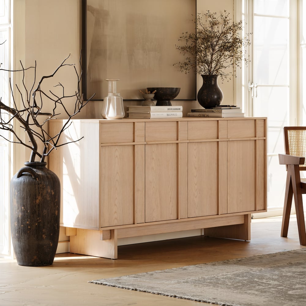 Mid Century Modern 60" Natural Wood Sideboard with Storage & Adjustable Shelves window image
