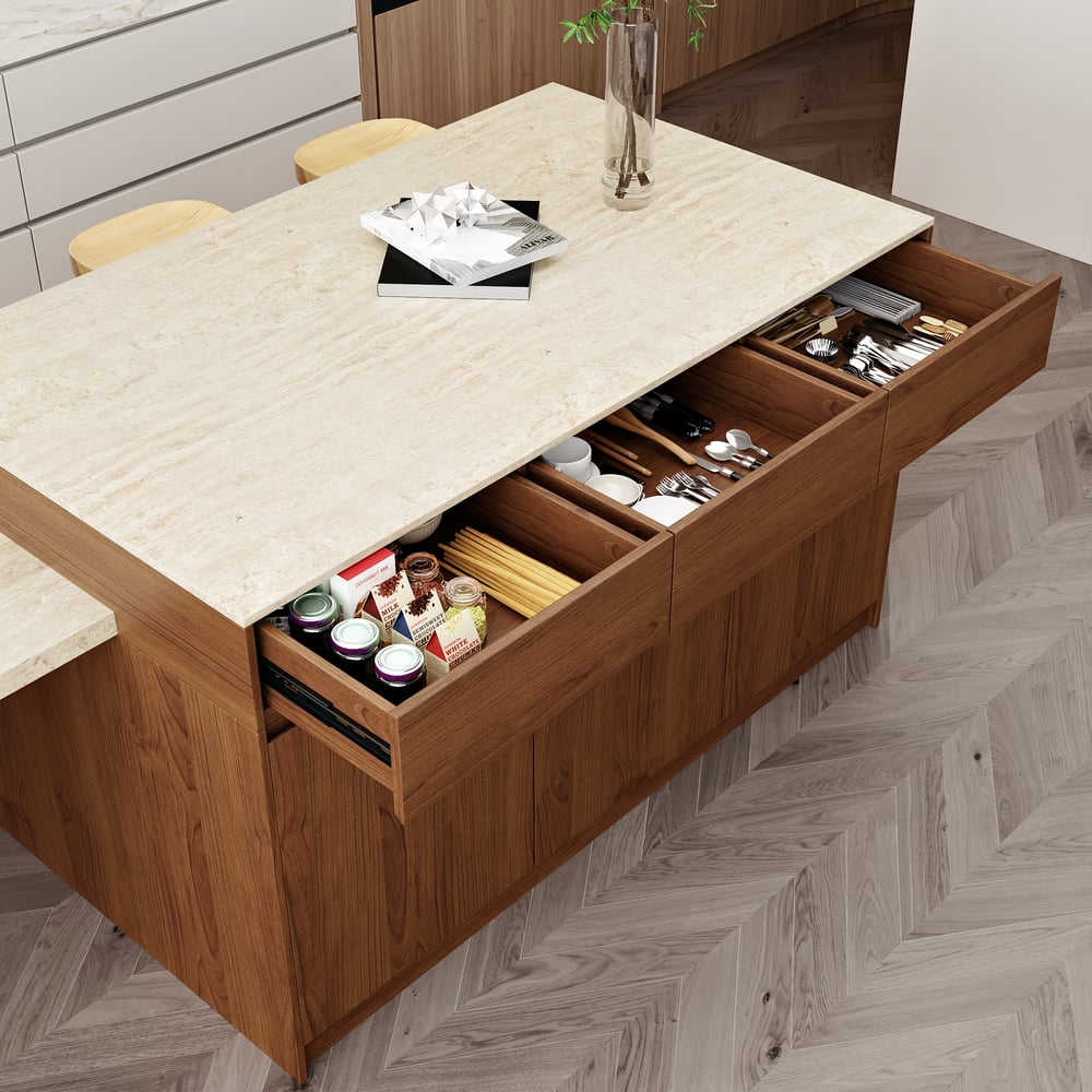 Îlot de cuisine en bois extensible de 81'' à 112'' avec rangement, Noyer image de fenêtre
