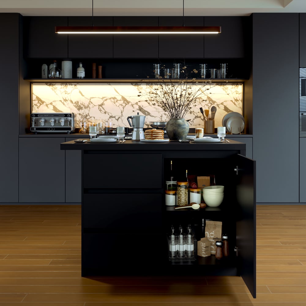 Moderne 50" Matt Sintered Stone Kücheninsel mit Stauraum, Schwarz Schaufensterbilder