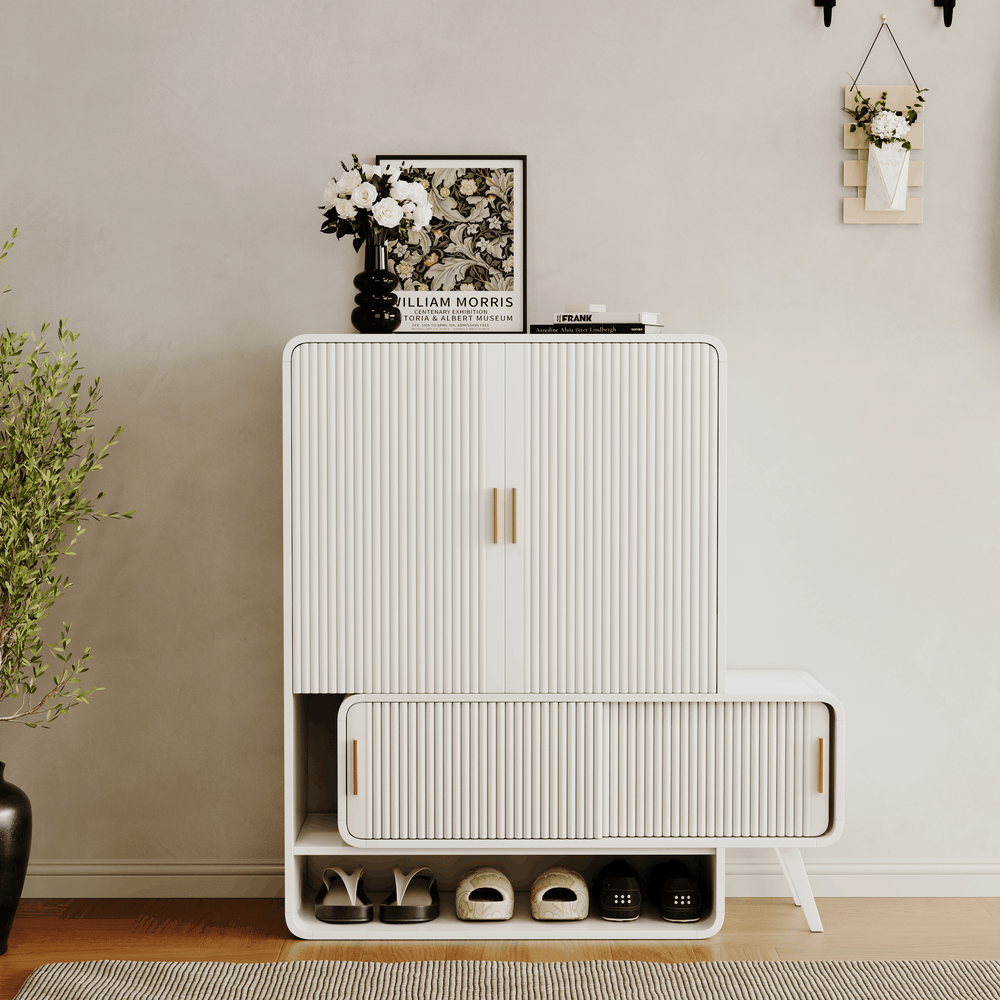 37" Warm White Shoe Storage Fluted Entryway Cabinet, Right Hand window image