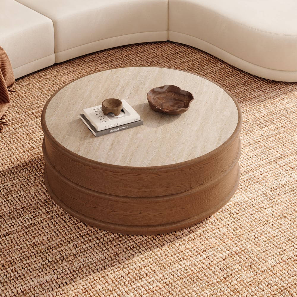 36" Ash Wood Round Coffee Table with Sintered Stone Top window image