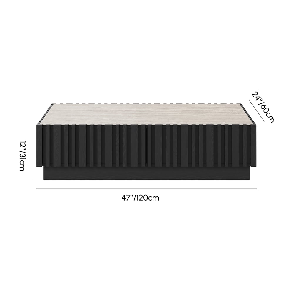 Table basse à lattes Aura 47" en bois de frêne avec plateau en pierre frittée Poids, dimensions, image