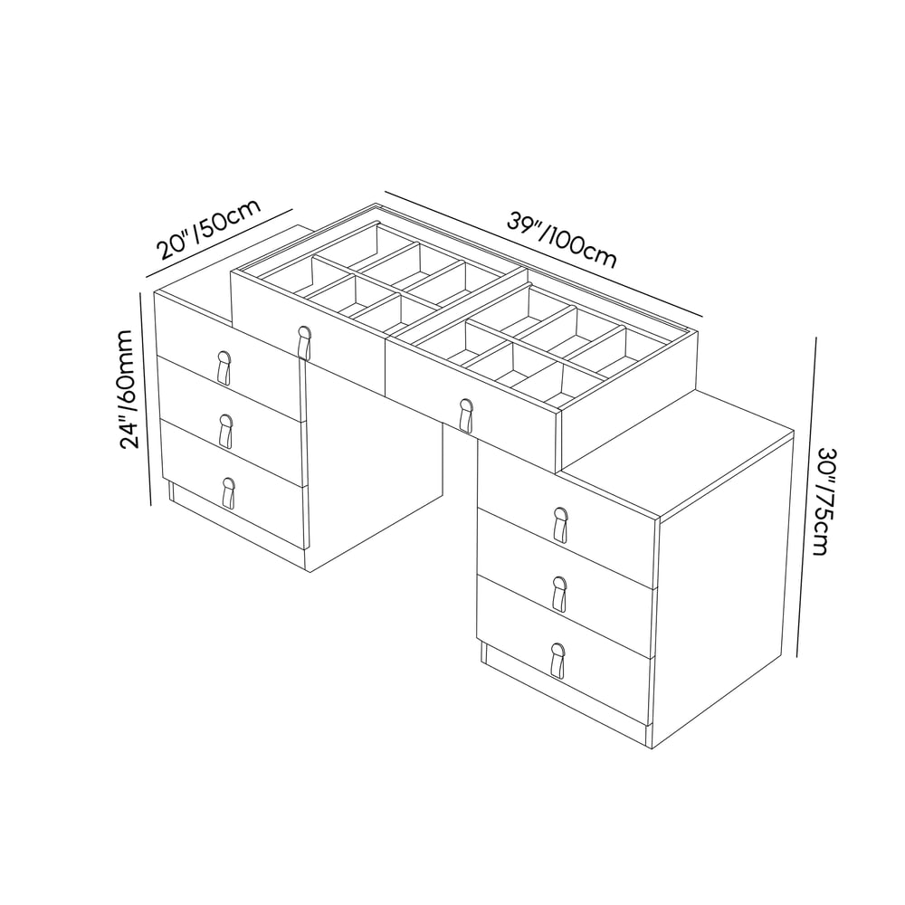 Ilha de toucador retrátil Chanor para closet com tampo de vidro marfim Imagem com pesos e dimensões