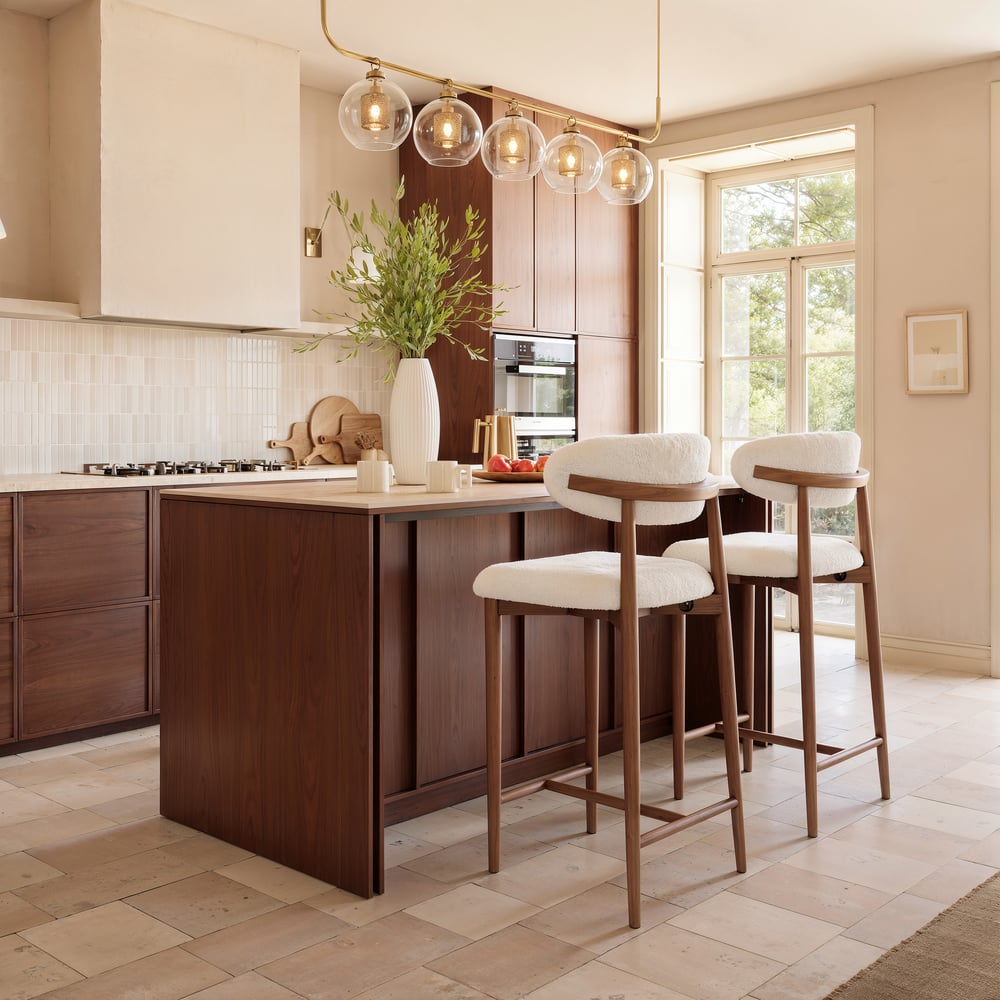 Modern Walnut Boucle Bar Stool with Wooden Legs, 1 Piece window image