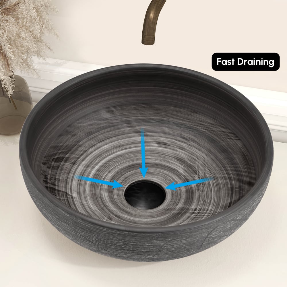 Vasque de salle de bain ronde en céramique grise de 40cm – évier à poser avec glaçure mate image de fenêtre