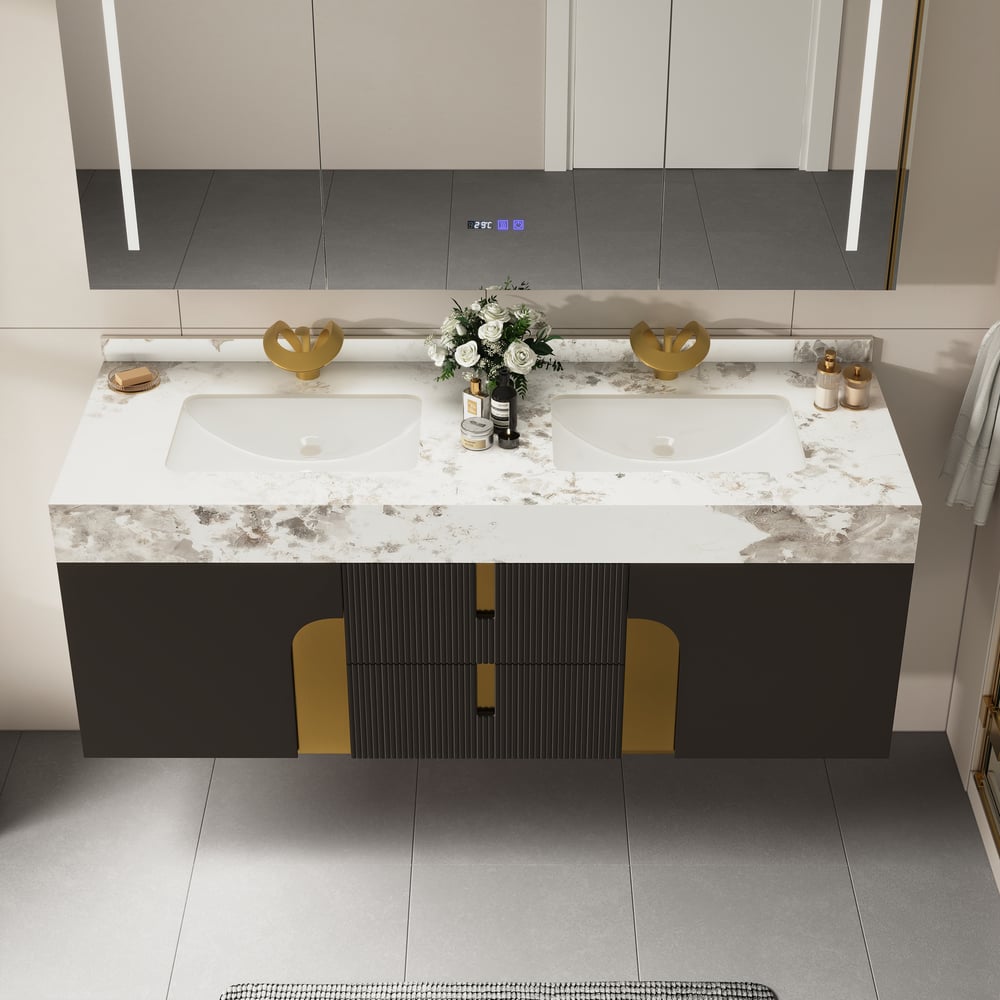 Mueble de baño Artis de 152cm de doble lavabo flotante con encimera de piedra sinterizada Imagen de ventana