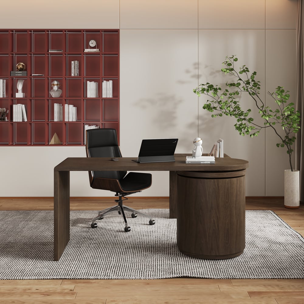 Modern 60" L-Shaped Walnut Office Desk with Drawers, Rotating Design window image
