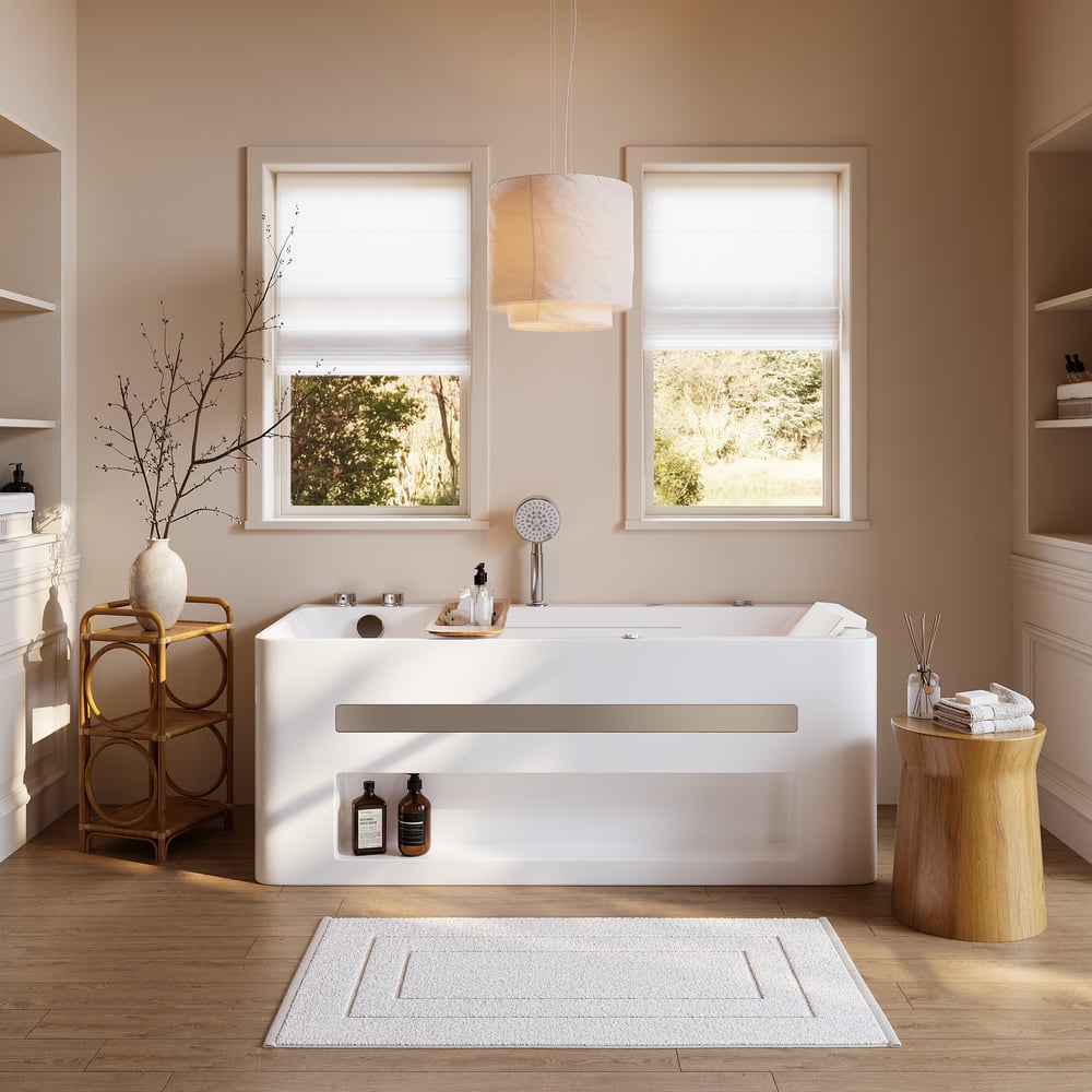 Baignoire balnéo de 150 cm avec contrôle thermostatique, jets de massage et éclairage LED image de fenêtre
