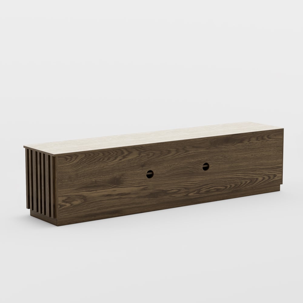 Aura 83" Ash Wood Fluted Smoked Brown TV Stand with Sintered Stone Top window image