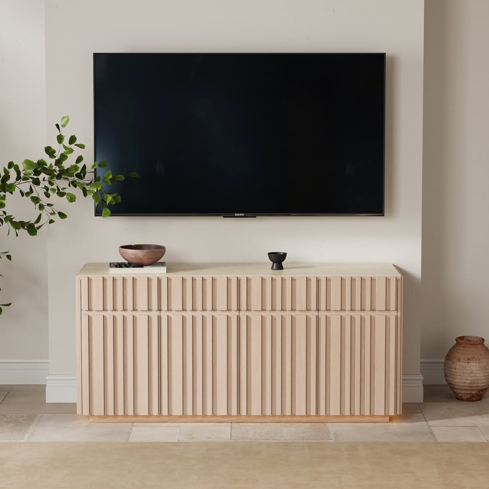Aura 65" Ash Wood Slatted TV Stand with Sintered Stone Top window image