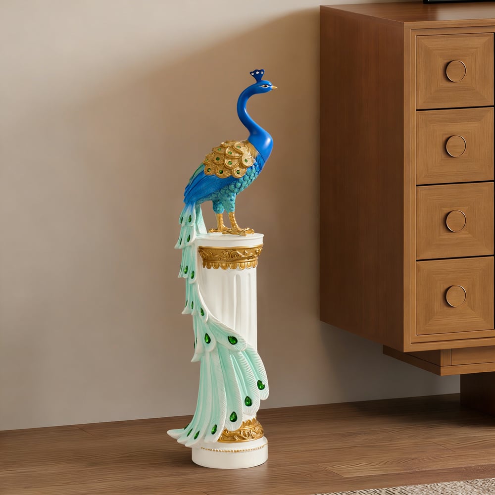 Estátua de Pavão de Resina de Luxo de 27" com Acentos de Cristal – Escultura Elegante para Decoração de Casa Imagem da janela