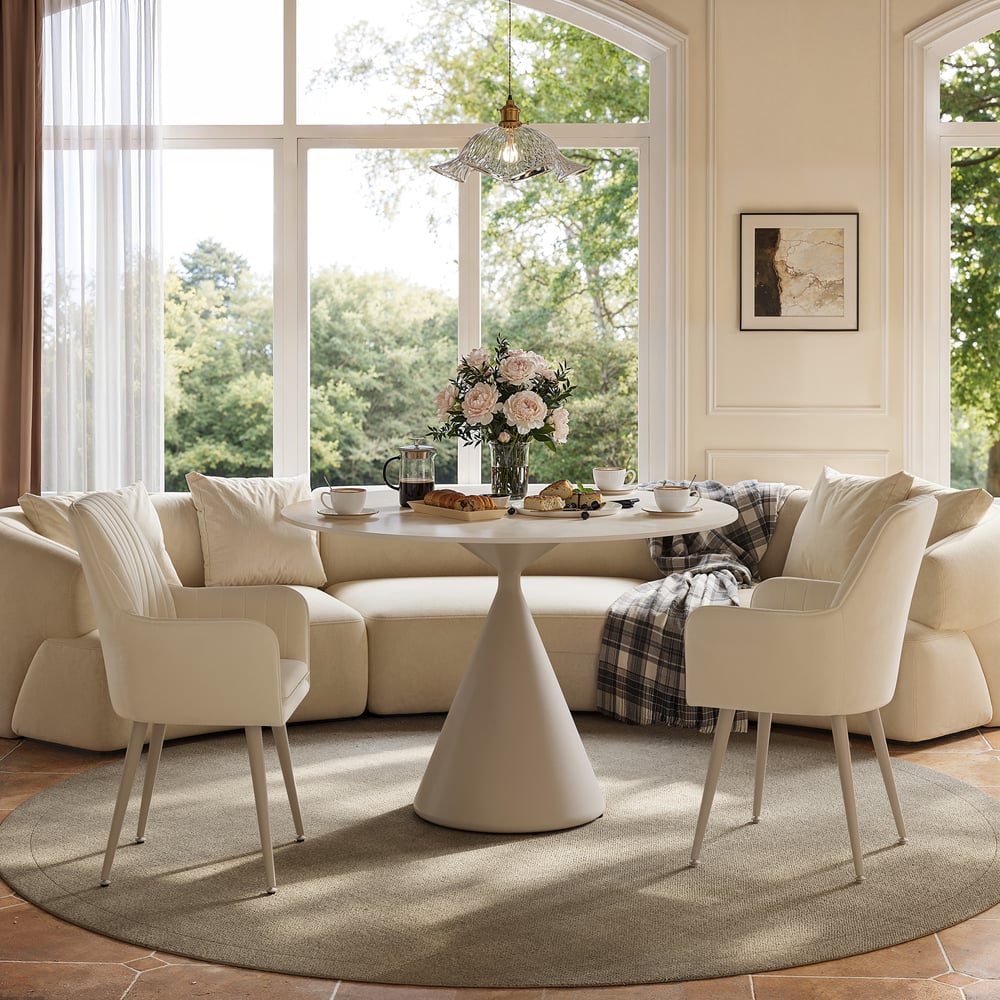 Table à manger ronde moderne en pierre frittée de travertin mat de 99 cm, 2 places image de fenêtre