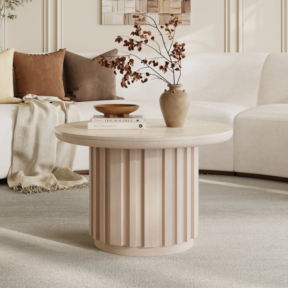 Table basse ronde à lattes en bois de frêne Aura avec plateau en pierre frittée image de fenêtre