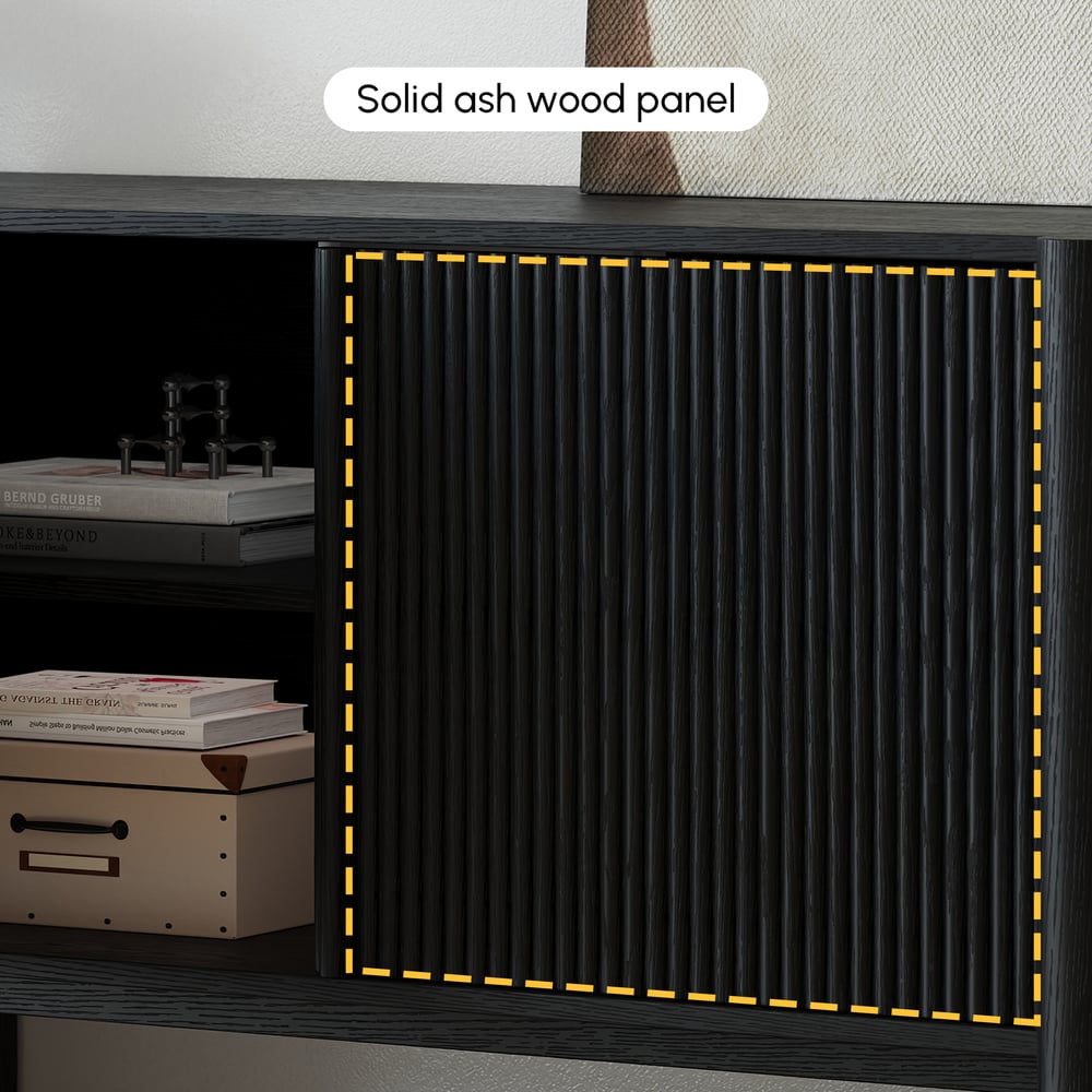 80" Solid Wood Fluted Black TV Stand with Cabinets window image