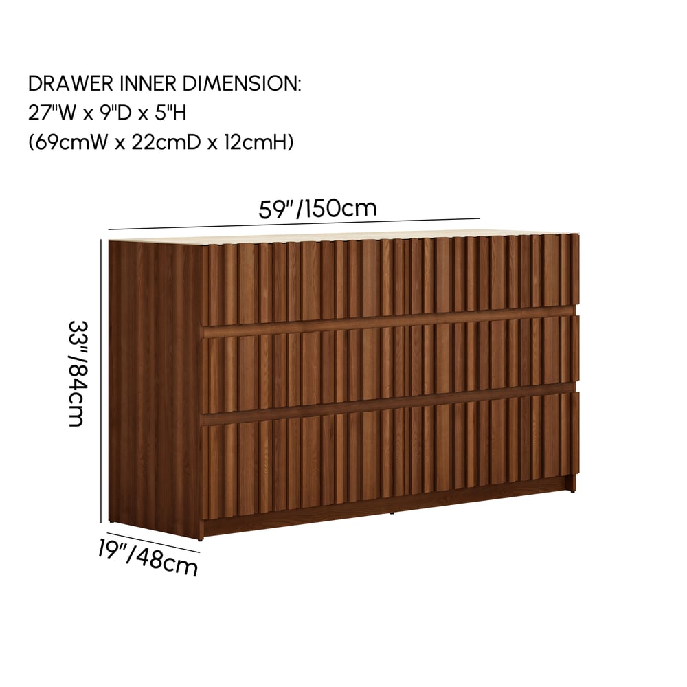 59" Walnut and Sintered Stone 6-Drawer Lighted Dresser weights dimensions image