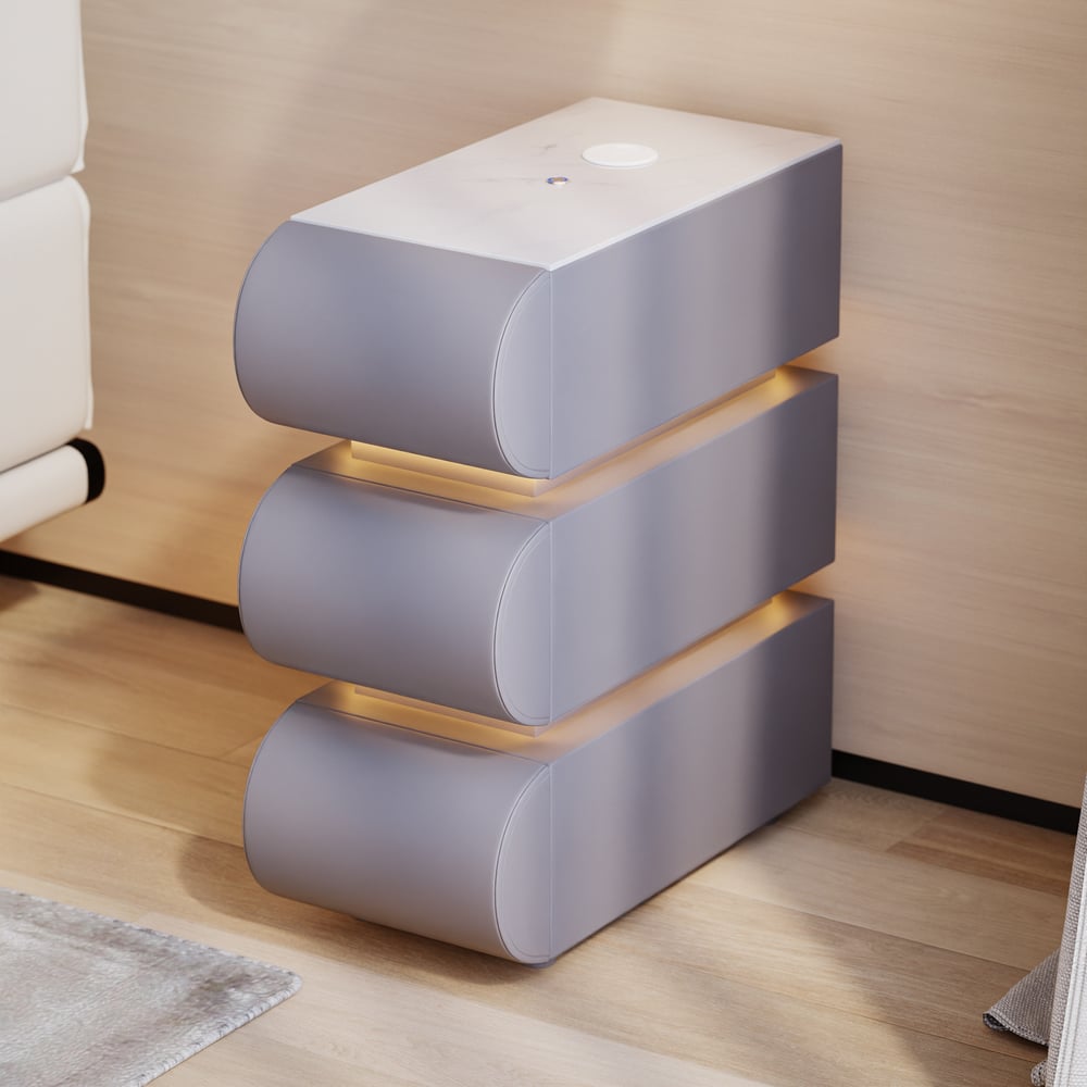 Narrow Humply Leather 3-Drawer Smart Nightstand with Sintered Stone Top window image