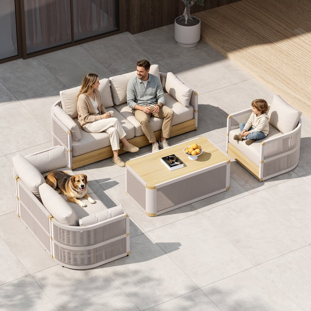 Costra Modern Aluminum & Rope Outdoor Swivel Sofa Set with Coffee Table & Cover in Ivory window image