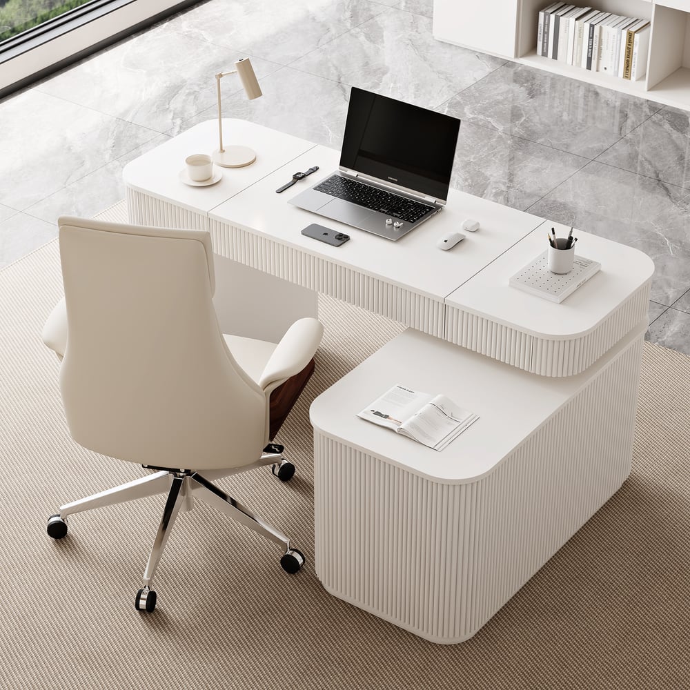 Velign 65" L-Shape White Executive Desk with Right-Side Cabinet window image
