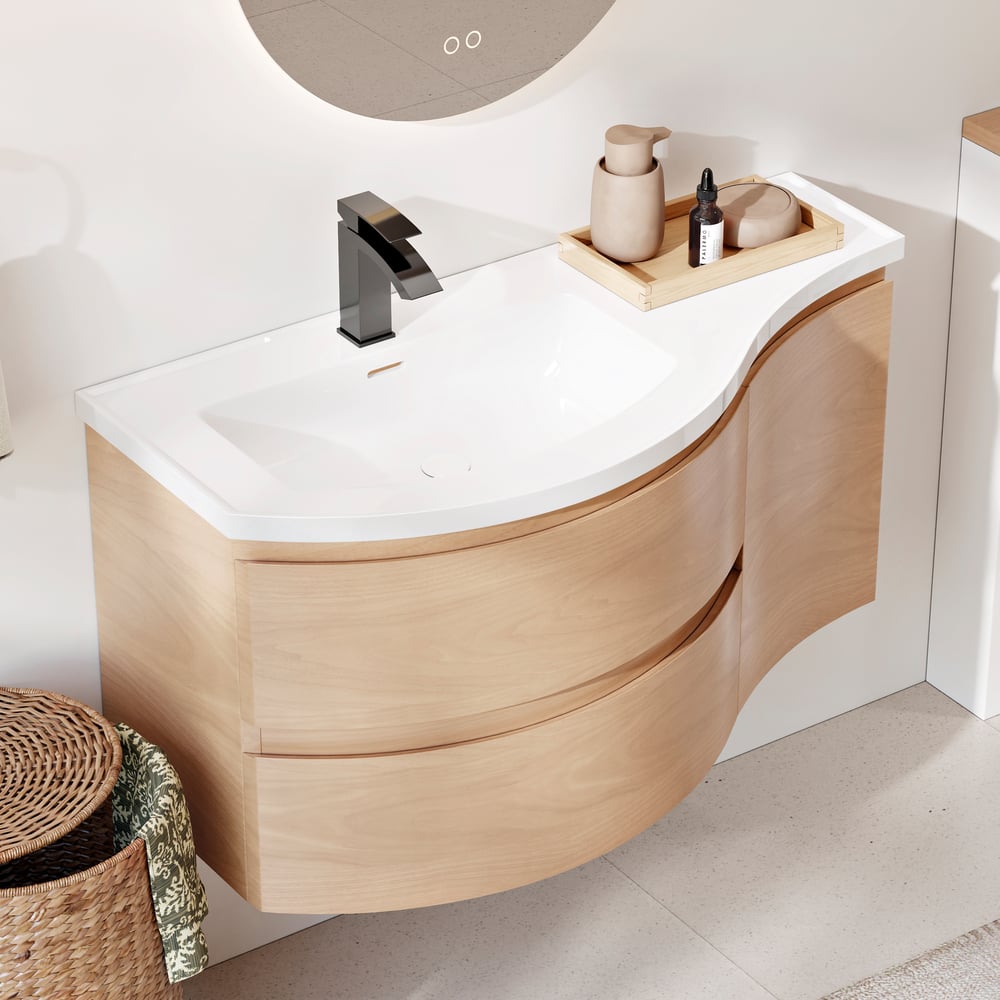 35" Floating Single Curved Bathroom Vanity with Sink & Storage window image