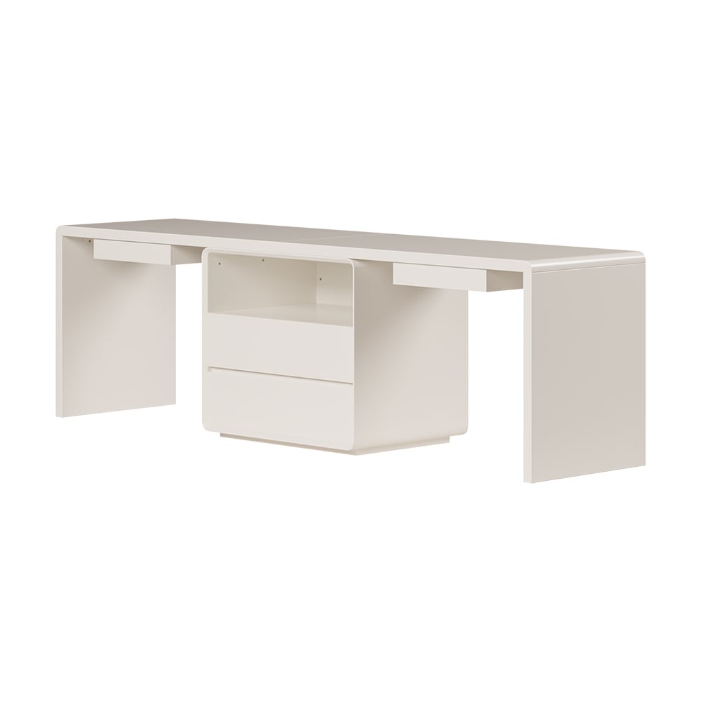 White Double Desk with Drawers & 2 Ivory PU Leather Modern Home Office Chairs window image
