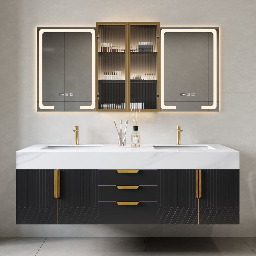 Mobile a specchio LED nero da 150 cm con vano centrale, dimmerabile a 3 colori e antiappannamento Immagine della finestra