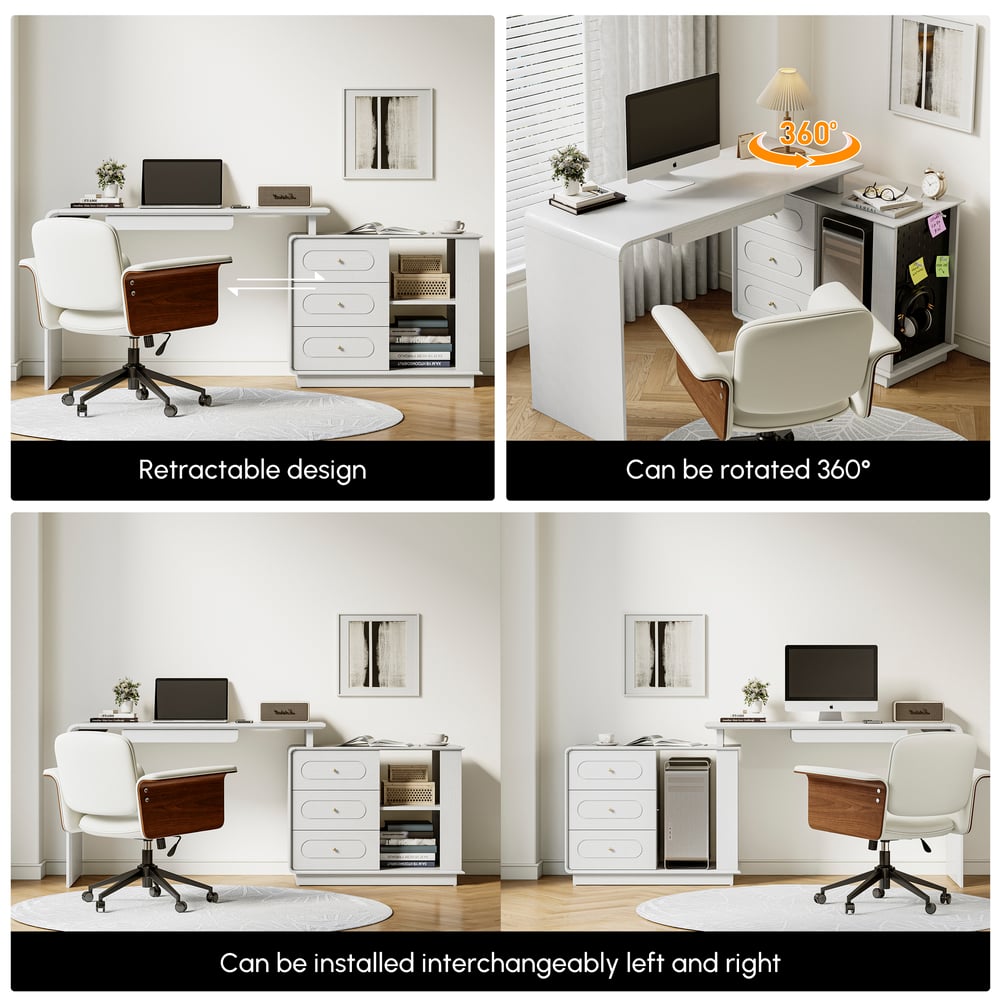 Modern 73" L-Shaped White Rotating Desk with Keyboard Tray & Storage window image