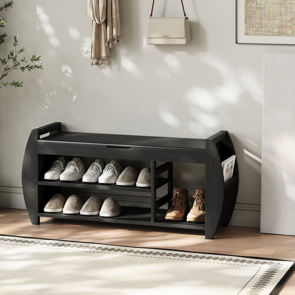Banco zapatero de entrada de madera maciza negra de 40 pulgadas con estante para zapatos Imagen de ventana