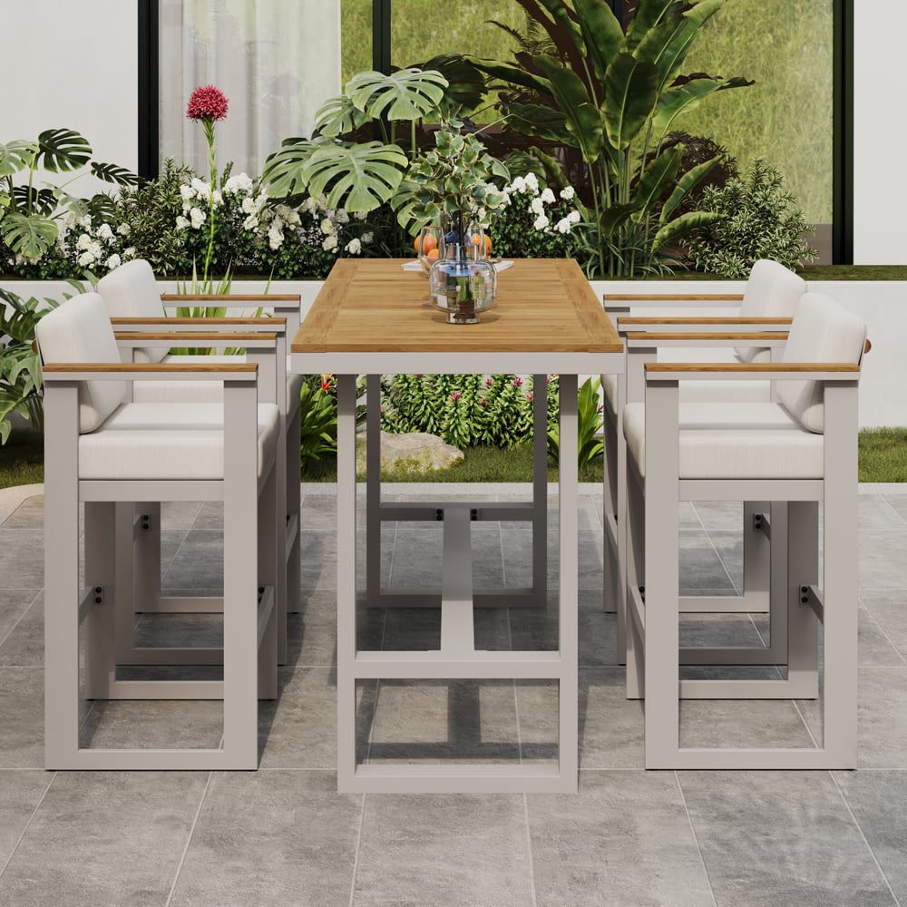 Tevara Teak Wood Modern Outdoor Bar Set Sand Frame & Warm White Cushion window image