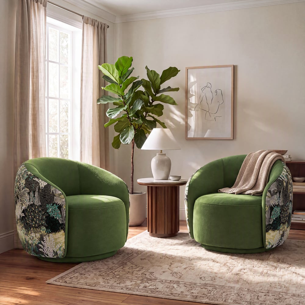 Performance Velvet 360° Swivel Barrel Accent Chair window image